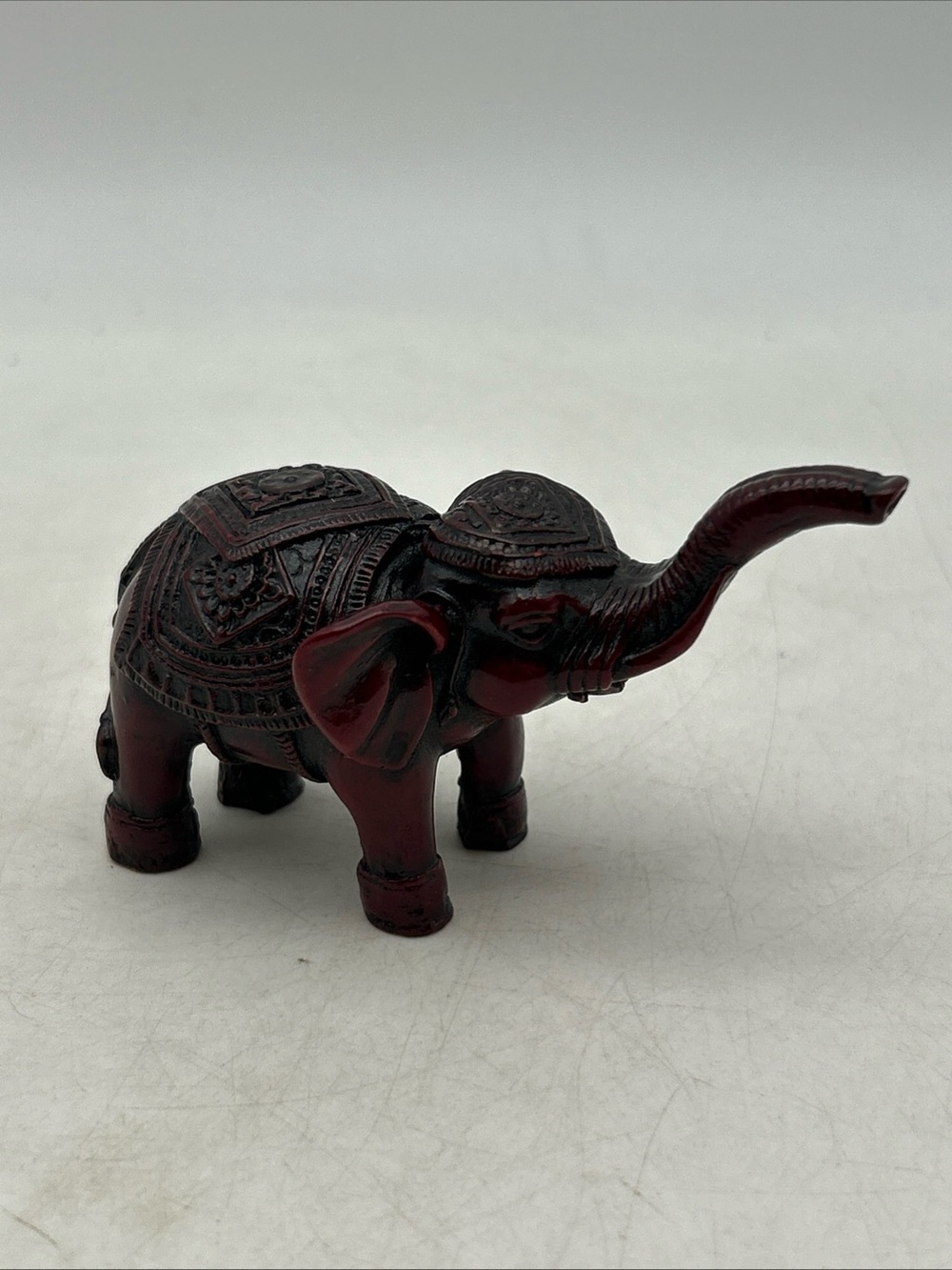 Vintage Mini Cinnabar Red Resin Indian Good Luck Trunk Up Elephant Mini 2”x4”